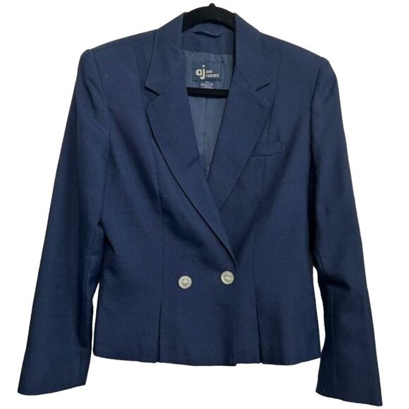 Vintage AJ Friends Double Breasted Blazer M Navy Tailored Office Career Power - Picture 2 of 12